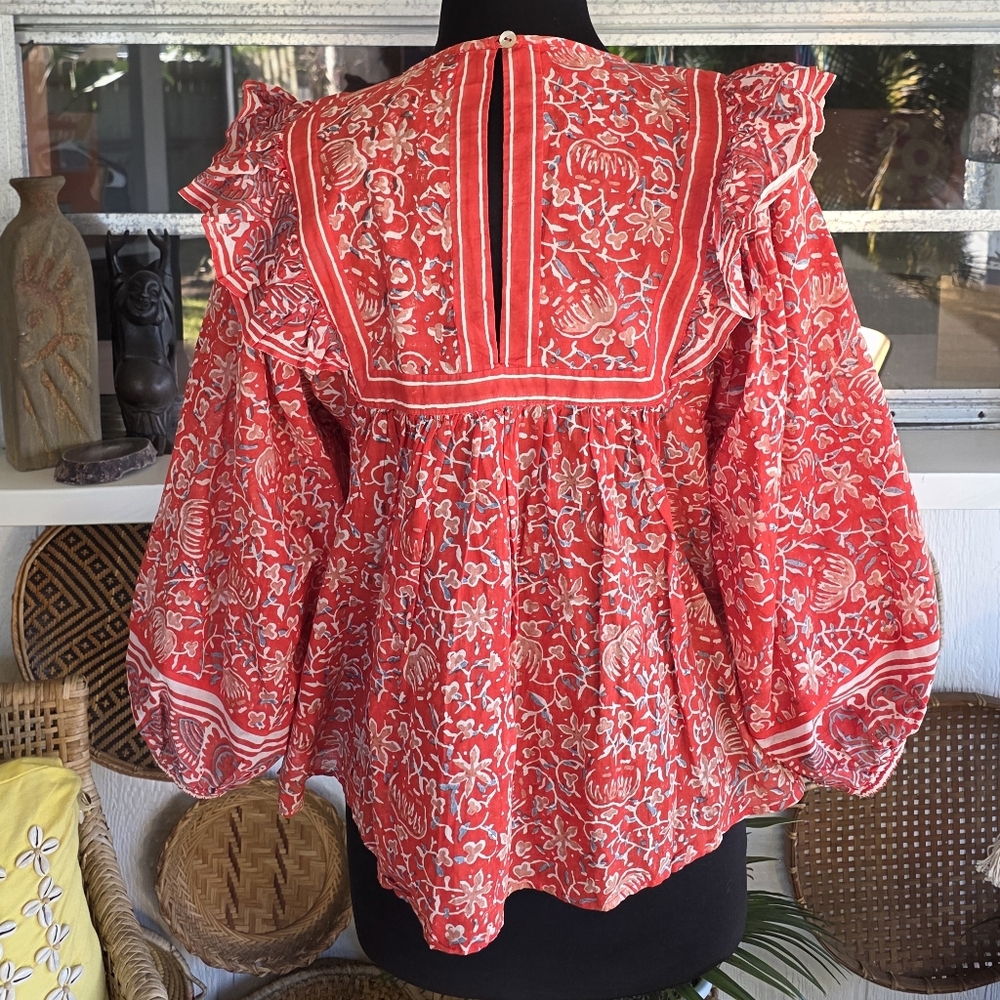 Cleobella Mylah Blouse Medium Red Fan Block Print… - image 5